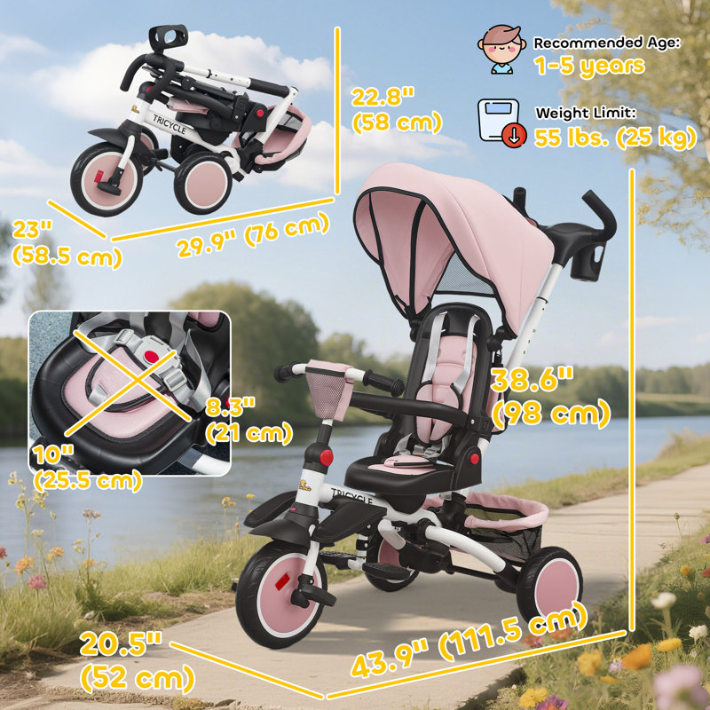 Tricycle pour enfants, tricycle pliable pour bébé 6 en 1 avec poignée réglable, poussette tricycle avec auvent amovible, siège réversible, harnais de sécurité, garde-corps détachable, rangement pour 1-5 ans, rose