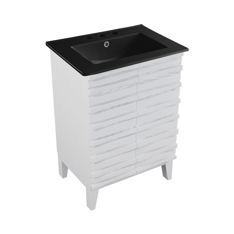Meuble-lavabo en chêne blanc Cascade 24 po avec comptoir en céramique noir à 3 trous, Noir, Blanc