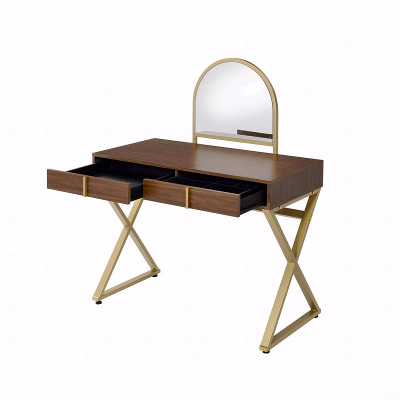 Coleen Walnut Finish Vanity Desk (Makeup Vanity) W/Mirror & Jewelry Tray, Brown