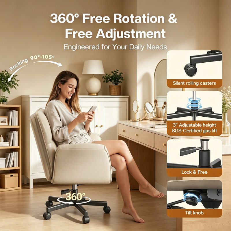 Big and Wide Criss Cross Office Chair, 5-Level Adjustable Arms & Wheels, Height Adjustable Wide Comfy Vanity Makeup Chair, Swivel Shakeable Base for Relax Leisure, Suitable for Home Bedroom Office