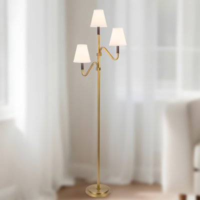 Sloan 68-in Brushed Gold Floor Lamp with White Linen Shades