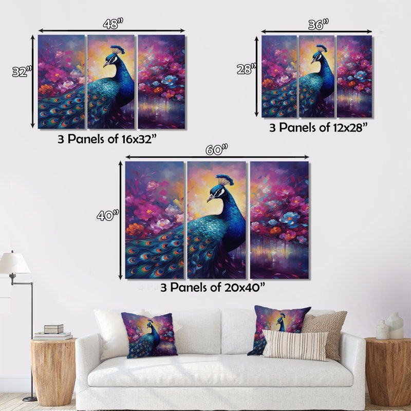«Vibrant Peacock II» sur toile, reproduction de 3 pièces, H 28 po x l 36 po x P 1 po