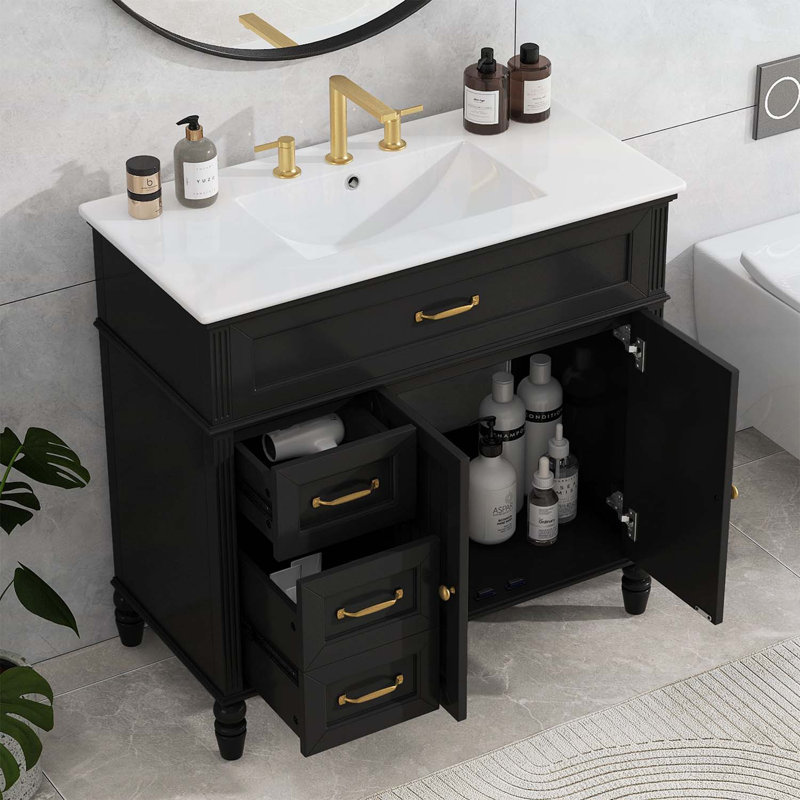 Meuble-lavabo classique avec lavabo, structure en bois et tiroirs Classic Design, Black