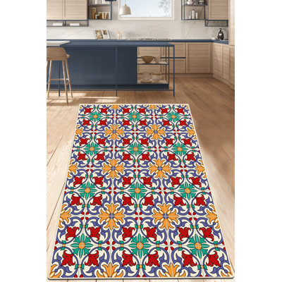 Tapis en polyester tissé à plat à la main à motif abstrait orange / rouge / vert Mccleskey Azulejos