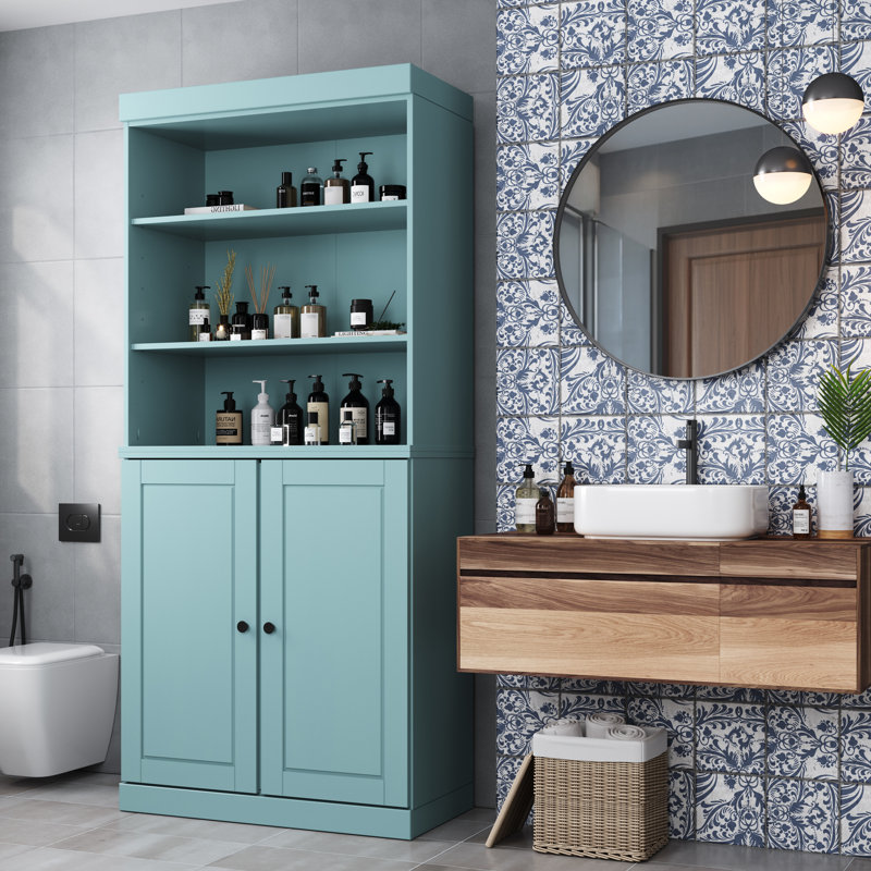 Armoire de salle de bain autoportante 100% bois massif 32 po avec portes solides, 2 tiroirs et tablettes réglables - Rangement de salle de bain moderne