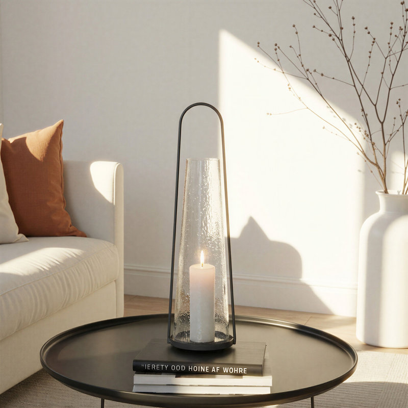 Round Metal Lantern Taper Holder With Hammered Glass Hurricane