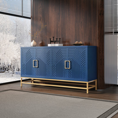 Retro-Style Sideboard With Adjustable Shelves, Rectangular Metal Handles And Legs For  Kitchen, Living Room, And Dining Room  (Navy)