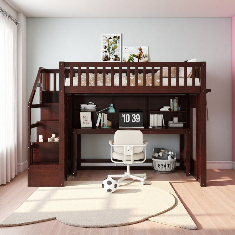 Lit mezzanine avec bureau mobile et tablette de rangement, avec escalier de rangement, Simple, Espresso