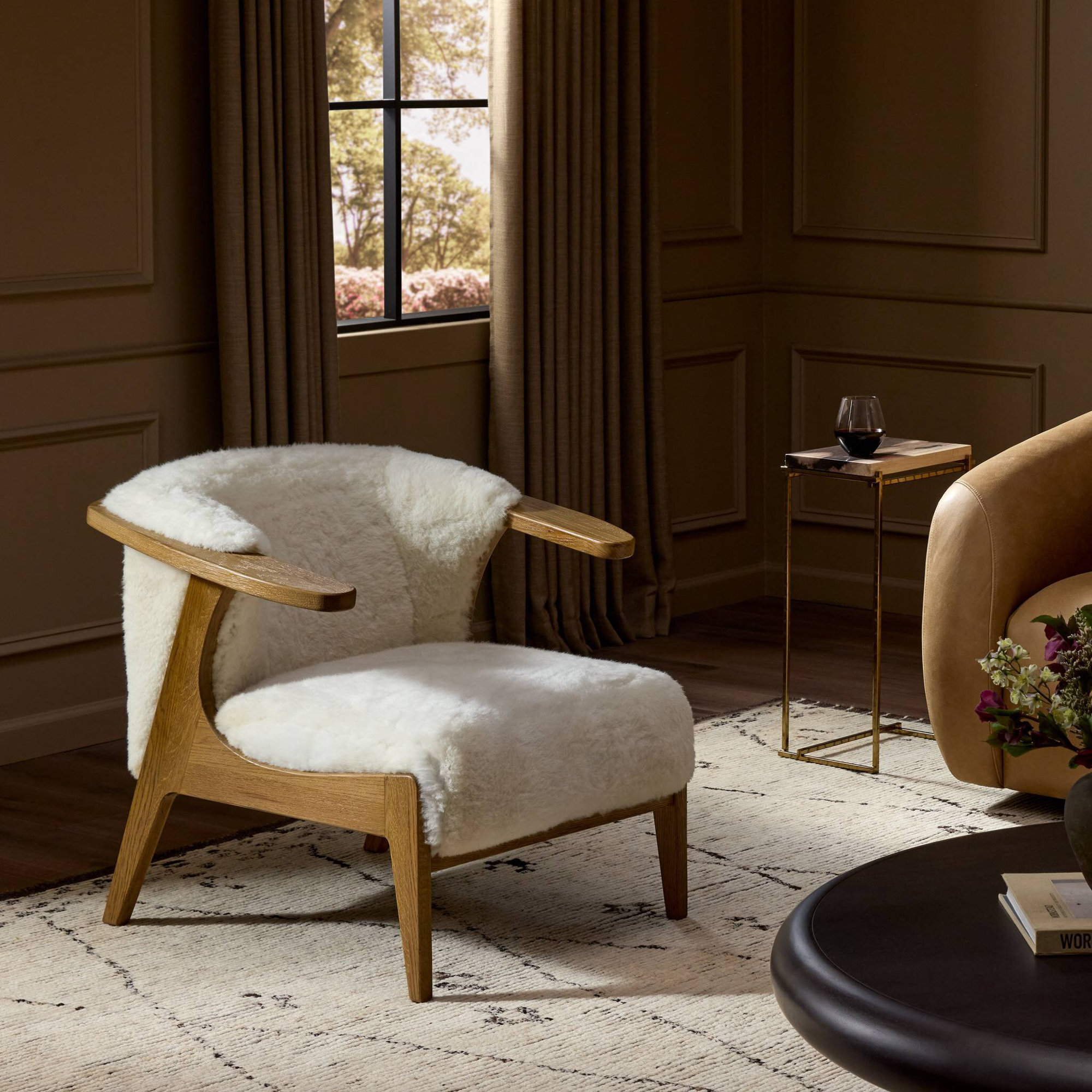 Fabian Shearling Solid Wood Armchair, Aged Smoked Oak, Cream Shearling