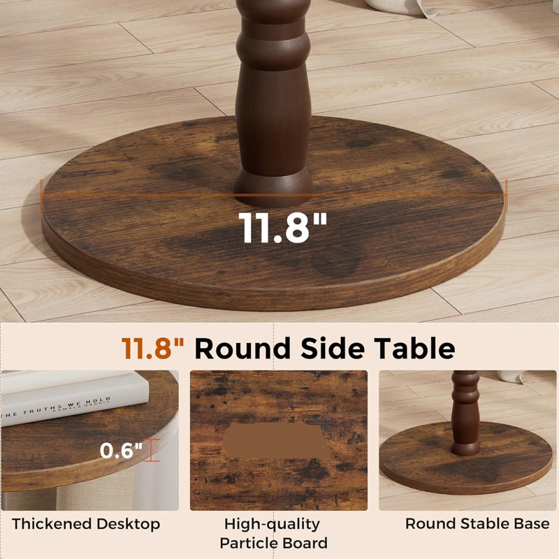 Table d'appoint ronde, pilier en bois massif avec plateau et base en bois, petite table d'appoint pour le salon, la chambre à coucher, le canapé et le bureau, assemblage facile, brun rustique