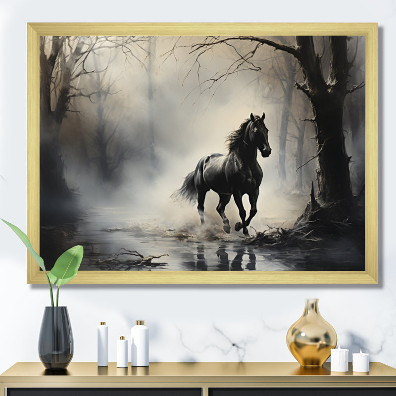 «Gray Horse Misty Morning Canter I», art mural encadré, H 16 po x l 32 po x P 1 po, Cadre doré simple