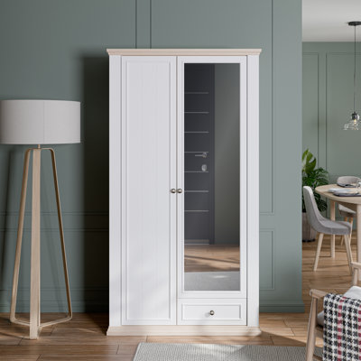 Rosswell Modern cottage style 2 door, 1 drawer wardrobe, mirror, engineered wood, light oak decor, 108.7 cm W x 202.1 cm H x 43.2 cm D