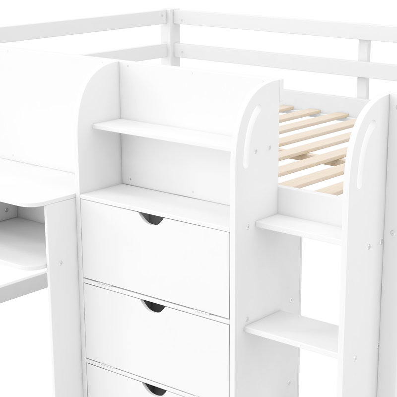 Lit mezzanine double pleine grandeur avec bureau intégré, rangement et tableau blanc graffiti - Bibliothèque en bois de pin avec rangement, couleur blanc