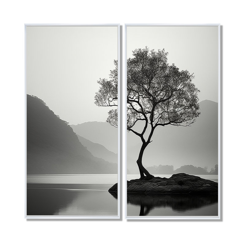 Black And White Tree By The Lake Photography I - Large Mountains Art Prints On Canvas, 32" H x 32" W, White