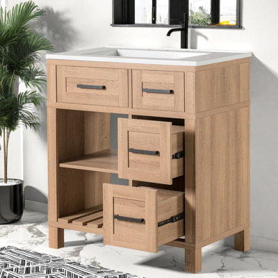 Meubles-lavabos compacts (incluant le meuble et le lavabo), rangements en bois, style rustique.