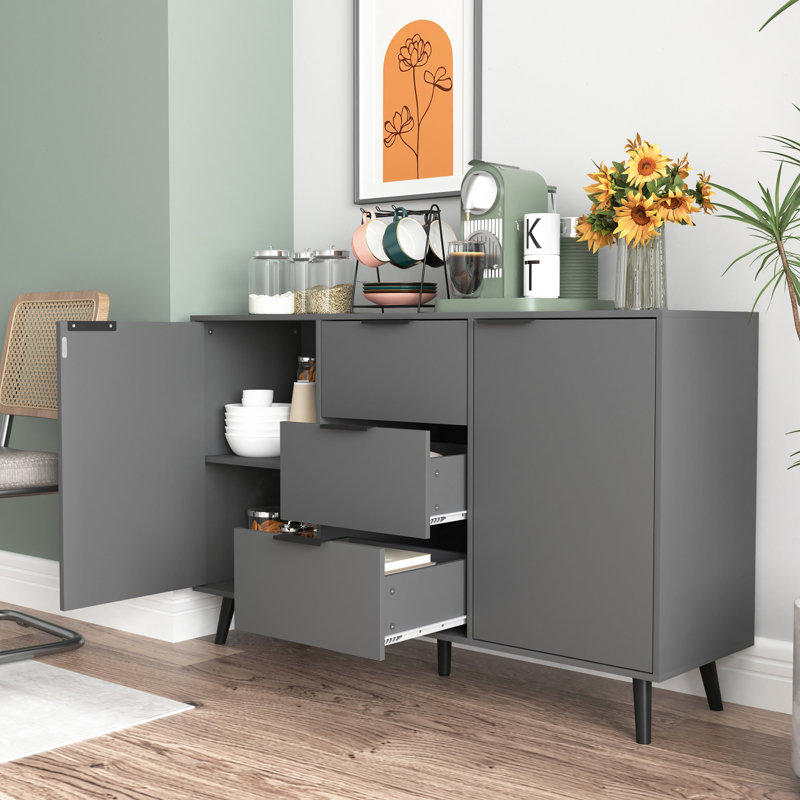 Buffet avec rangement, armoire à café en bois, armoire de cuisine 47,2 po à 3 tiroirs et 2 portes, armoire de cuisine, Gris