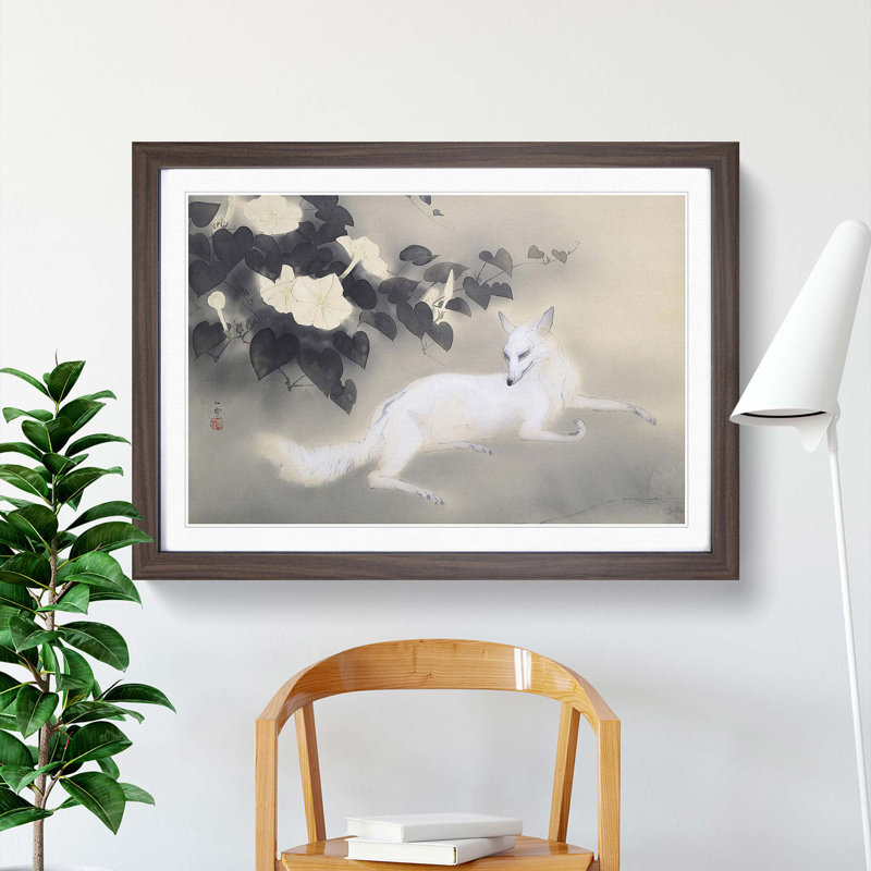 White Fox by Kansetsu Hashimoto - Picture Frame Painting Print, 36cm H x 48cm W x 2cm D, Walnut Framed
