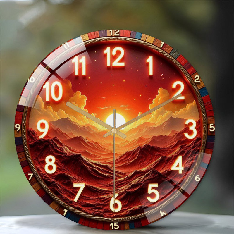 Sunset Mountain Landscape Wall Clock Art Decor Art - 12'' Modern Glass Wall Clock