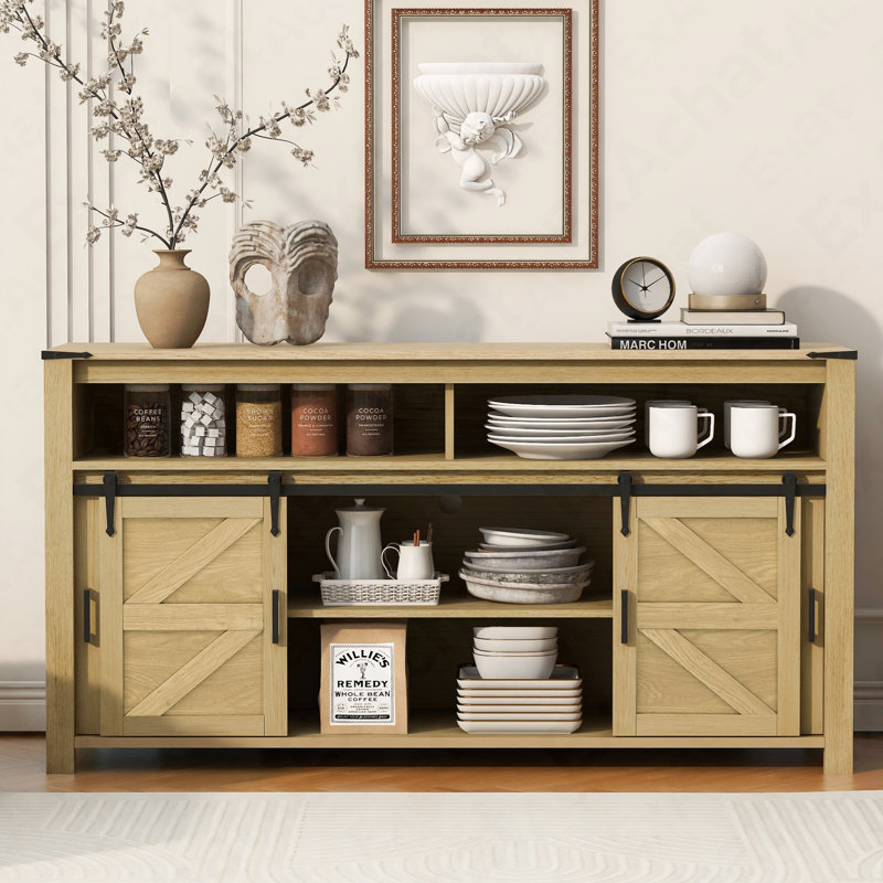 59.3'' Sideboard Buffet With Sliding Barn Door, Mesh Panels & Open Storage For Home & Office, Natural