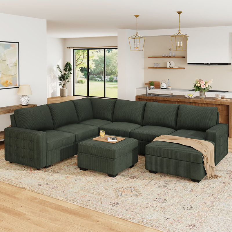 Brunella Corduroy Sleeper Sectional, Green Corduroy