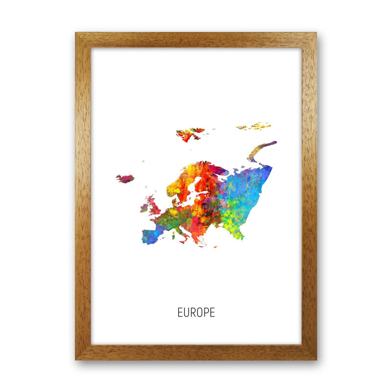 Europe Watercolour Map by Michael Tompsett - Print, 88cm H x 64cm W x 3cm D, Brown Framed