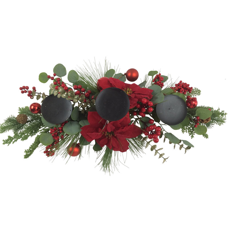 32" Triple Candle Holder with Red Berry and Poinsettia Christmas Decor