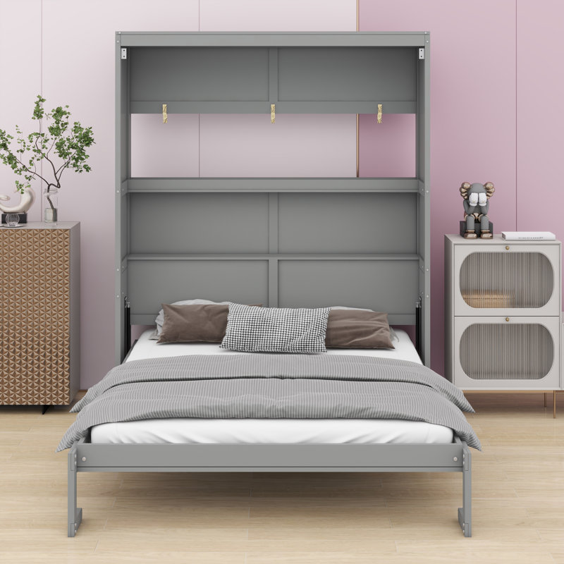 Lit pliant vertical avec tablettes latérales fonctionnelles, Gris