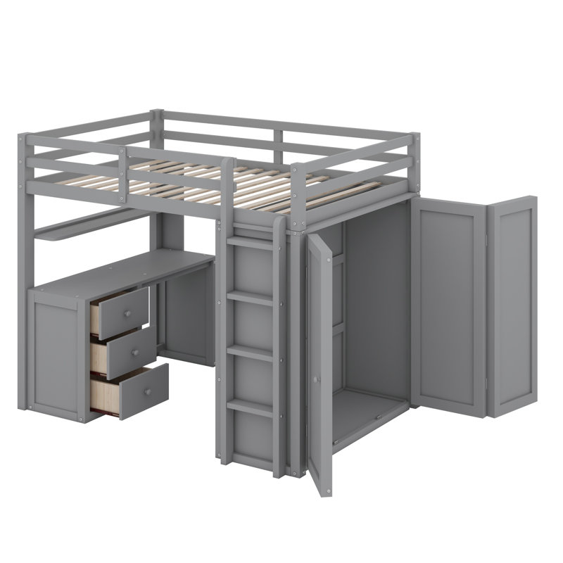 Lit mezzanine avec tiroirs, bureau et garde-robe, Gris