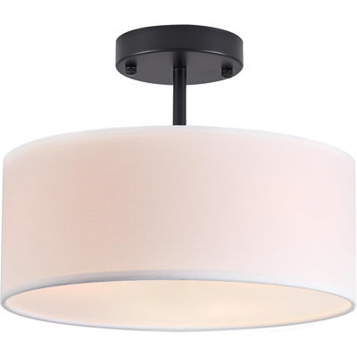 Modern Semi Flush Mount Ceiling Light – Black Metal & White Fabric Shade for Bedroom & Kitchen
