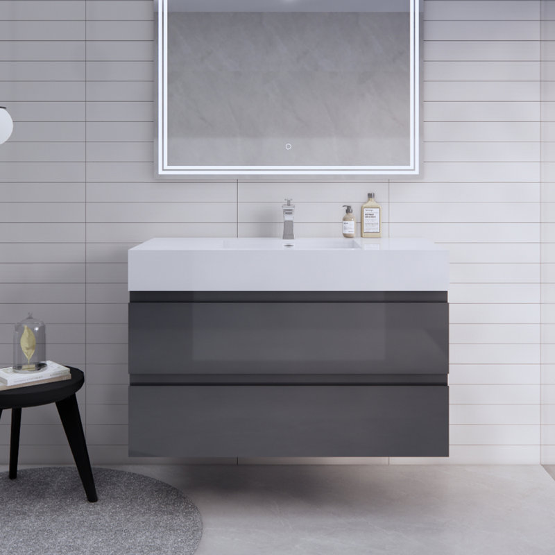 Ensemble de meuble-lavabo mural simple 42 po Babajide, Gris à haute brillance