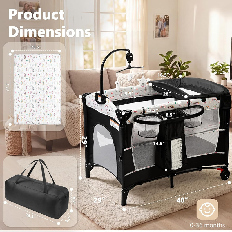 Parc pour bébé convertible 4 en 1 avec berceau, table à langer, couchette de chevet, filet respirant, roulettes verrouillables