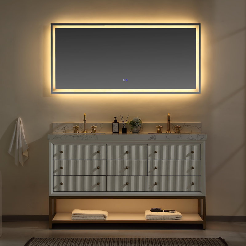  Ensemble de meuble-lavabo autoportant à double cuve 60 po avec plateau en pierre, éclairage DEL et structure en métal doré Celestia