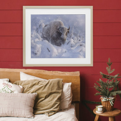 Winter Bison In Deep Framed Print Under Glass, design by Collin Bogle