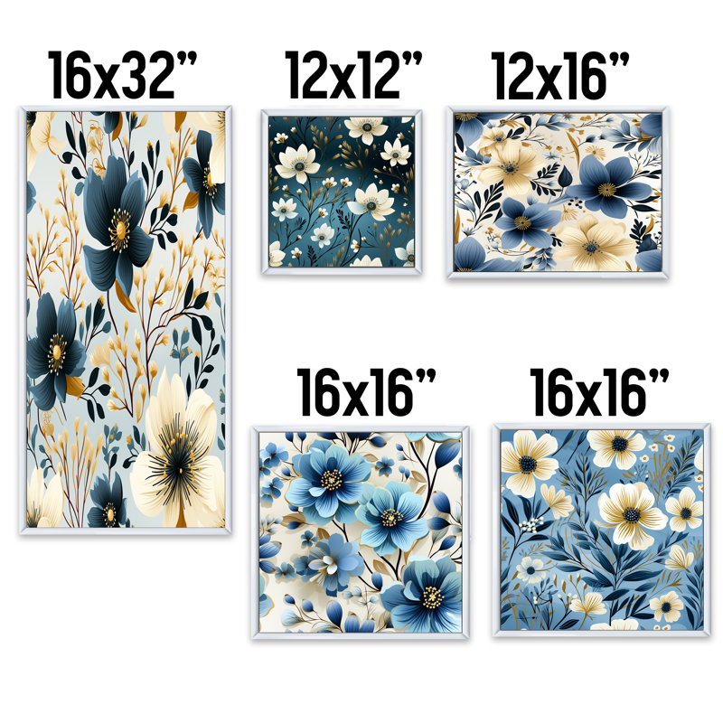 Flavie - Floral Canvas Prints Set Of 5, White Floater Framed