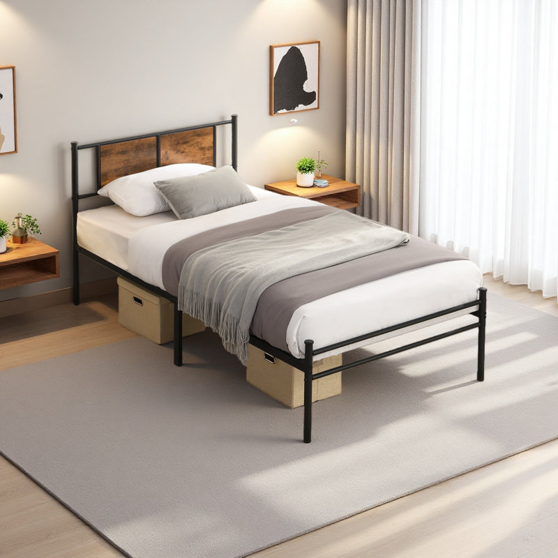 Twin XL Size Metal Bedframe,Headboard With Wood Panel Decoration