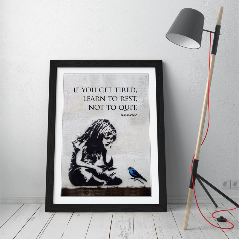 Girl Blue Bird Quote Learn To Rest - Single Picture Frame Print on Canvas, 89cm H x 64cm W x 2cm D , Black Frame