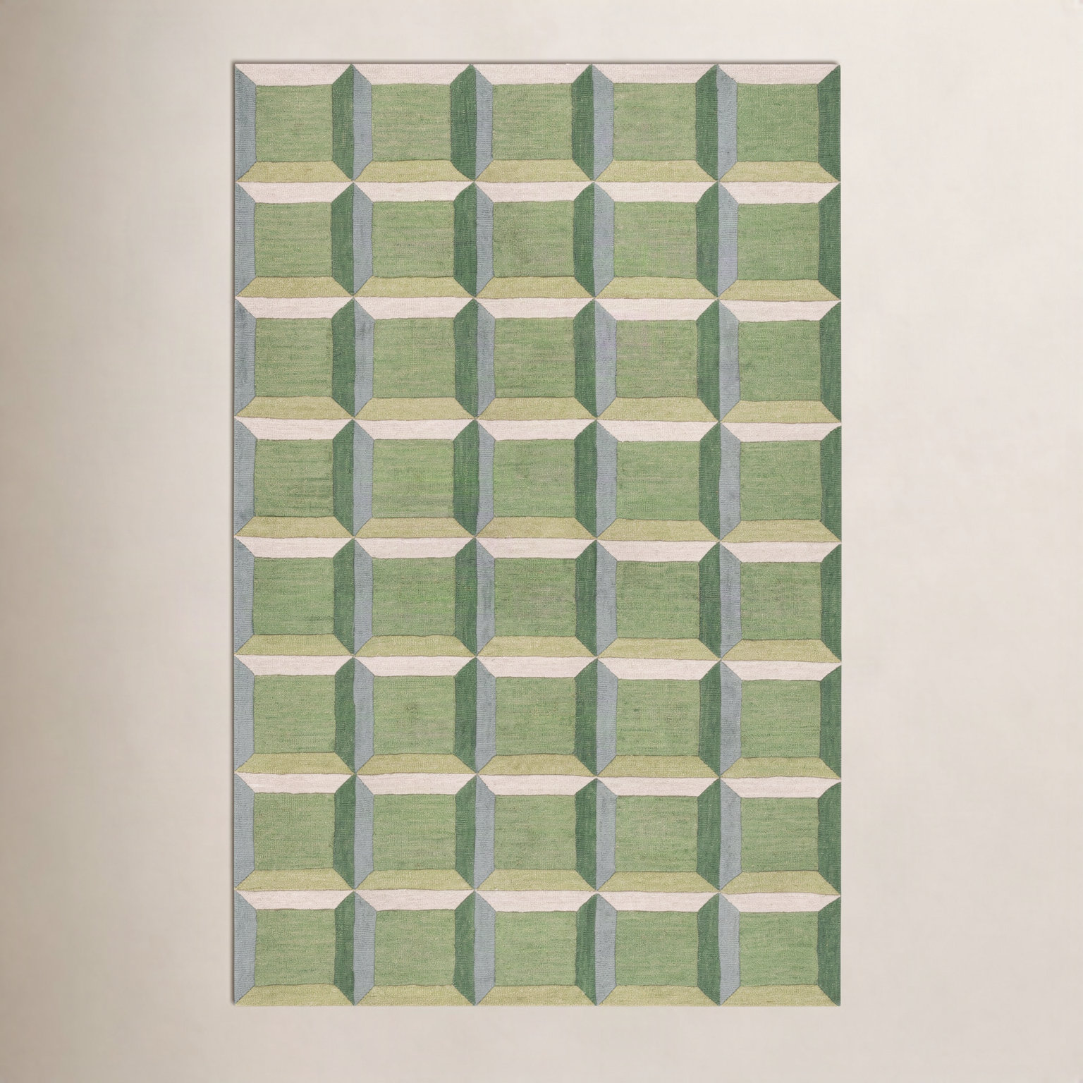 Giedre Green Beige Hand-Tufted Wool Rug, Rectangle 4' x 6'