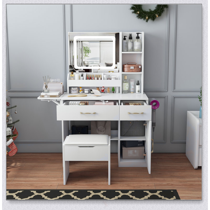 Vanity Desk With LED Mirror, Power Outlet, And Storage, Perfect For Makeup And Organization, Ideal For Girls And Women