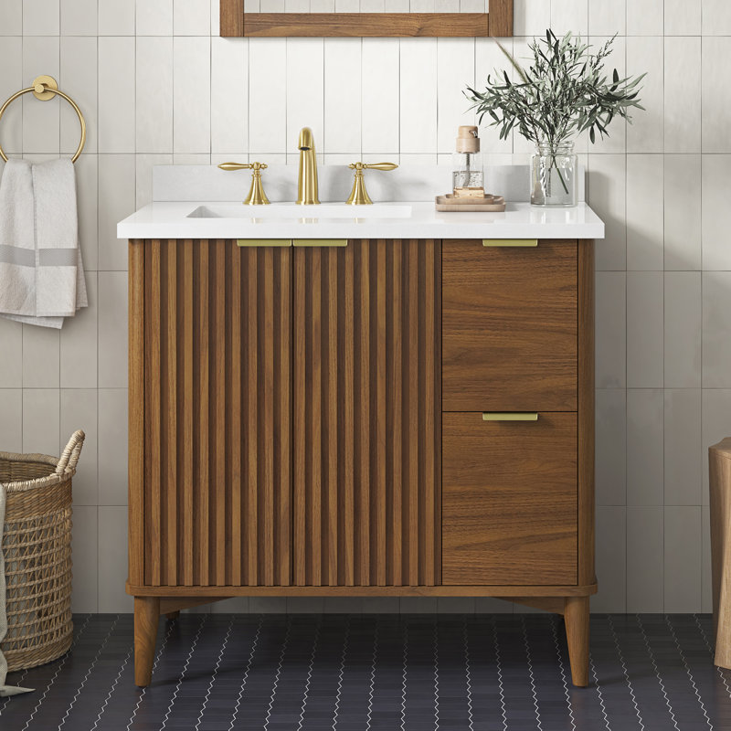 Meuble-lavabo autoportant en noyer chaud 36 po avec plateau en pierre blanche Leileen, Brun, Or brossé