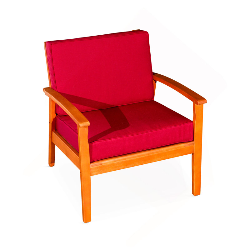 Fauteuil à assise profonde, finition huilée naturelle, coussins bourgogne, Rouge, Naturel