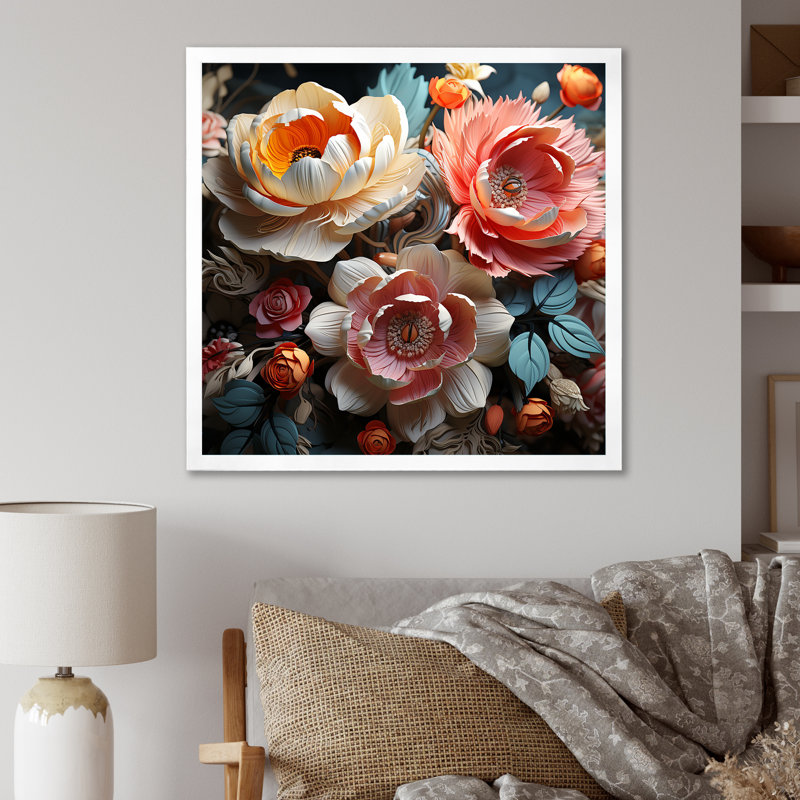 Cubiste en papier Bouquet Rose Grace, Cadre simple blanc, H 30 po x l 30 po x P 1 po