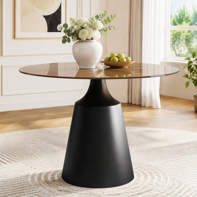 Mid-Century Modern Round Pedestal Table with Black Glass Top