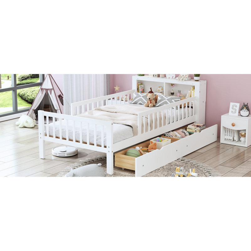 Lit simple avec rangement pour tête de lit et garde-corps, Blanc