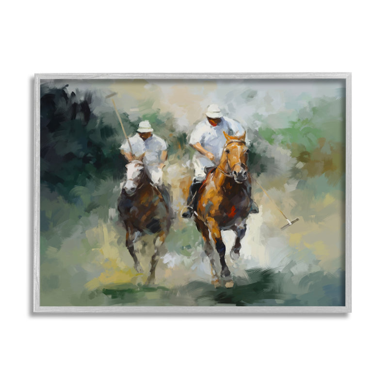 Gray Framed Polo Players on Horses Giclee Art Print