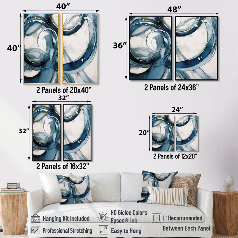 Blue Circle Whirls - Abstract Modern Spiral, reproduction d'art sur toile, Noir, H 36 po x l 48 po
