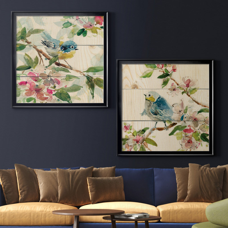 «Birds and Blossoms I», ensemble de 2 reproductions d'art encadrées, H 17,5 po x l 35 po, Noir