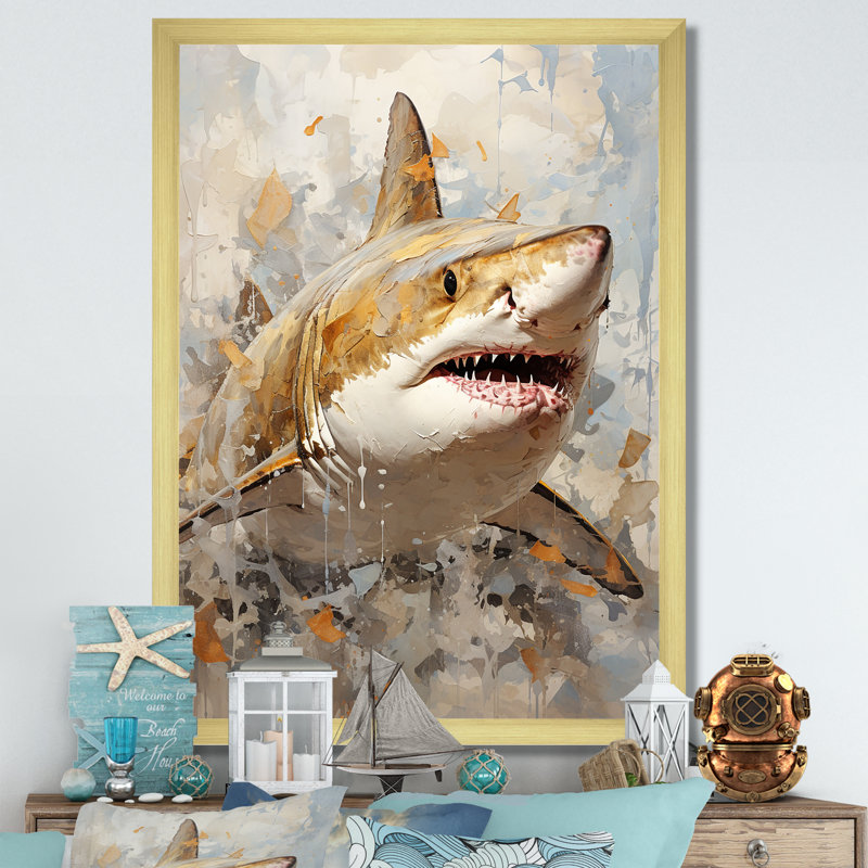 " Minimalism Shark Painting In Golden Beige I ", Gold Single Picture Framed, 32" H x 24" W x 1" D