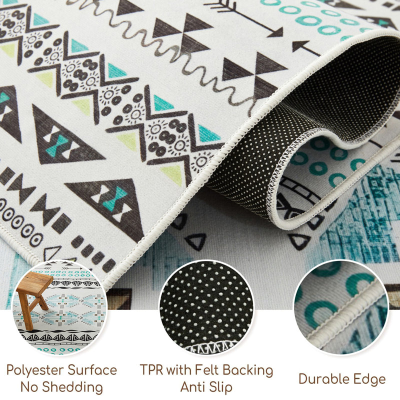 Zuri Tribal-Inspired Geometric Rug - Black, Turquoise & White Modern Boho Carpet, Runner 80 x 300 cm