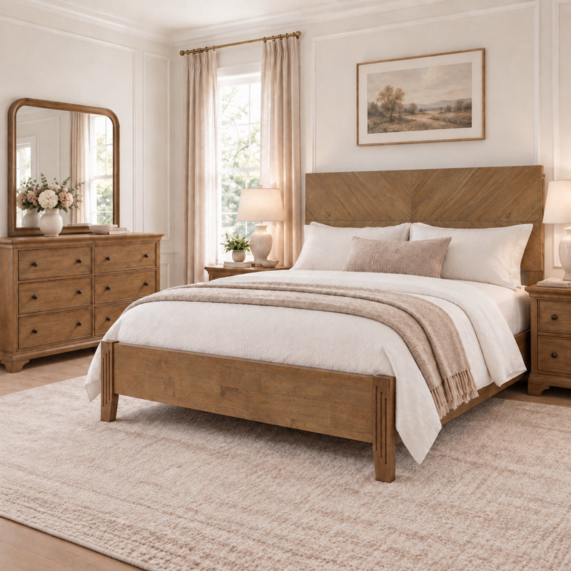 Lit plateforme Queen en bois massif avec tablette de rangement