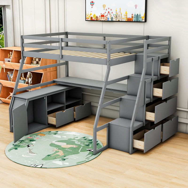 Lit mezzanine double avec 7 tiroirs et bureau Kayliana, gris